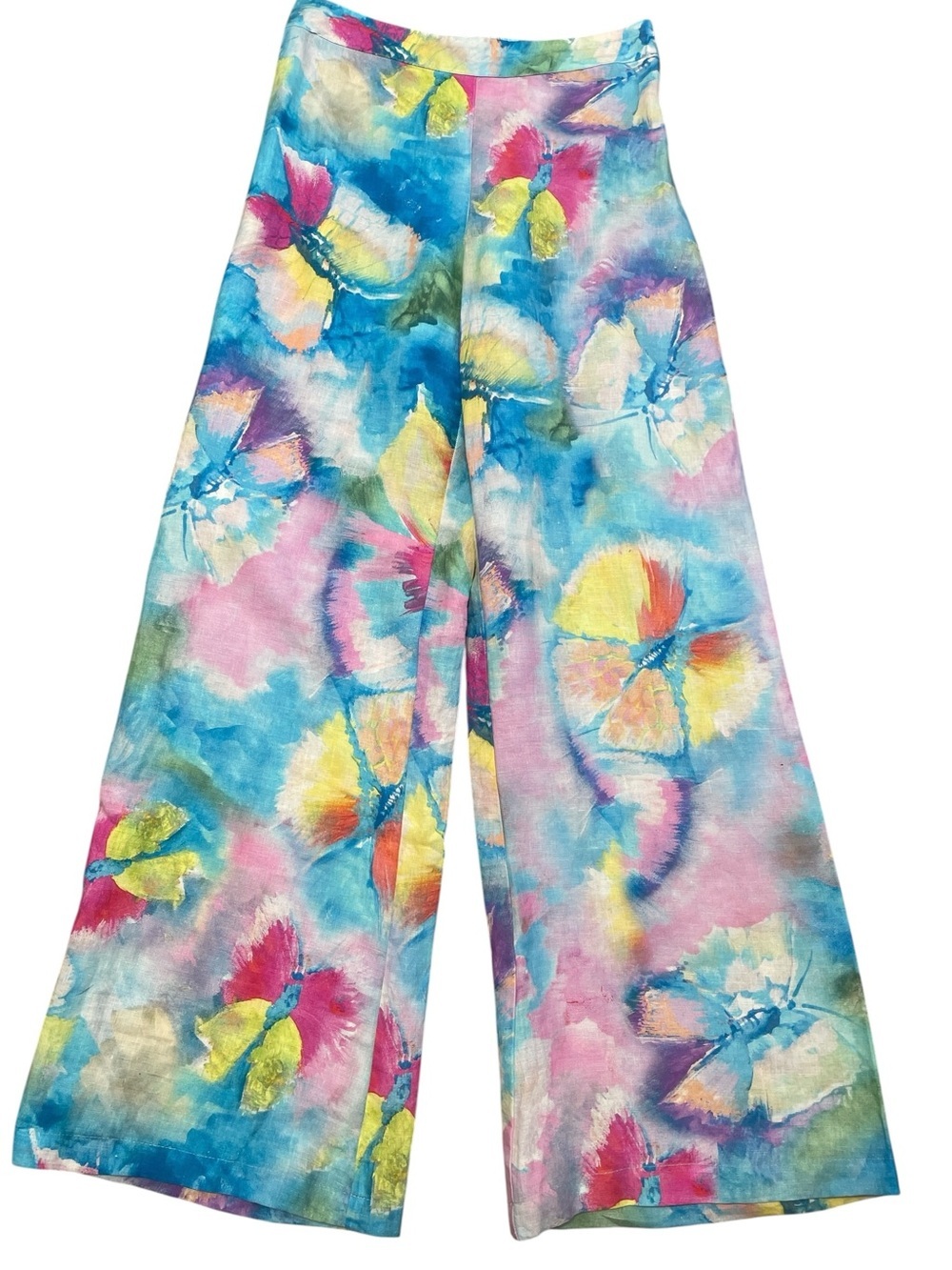 120% Lino Linen Pants Bright Pink Blue Floral Size XS